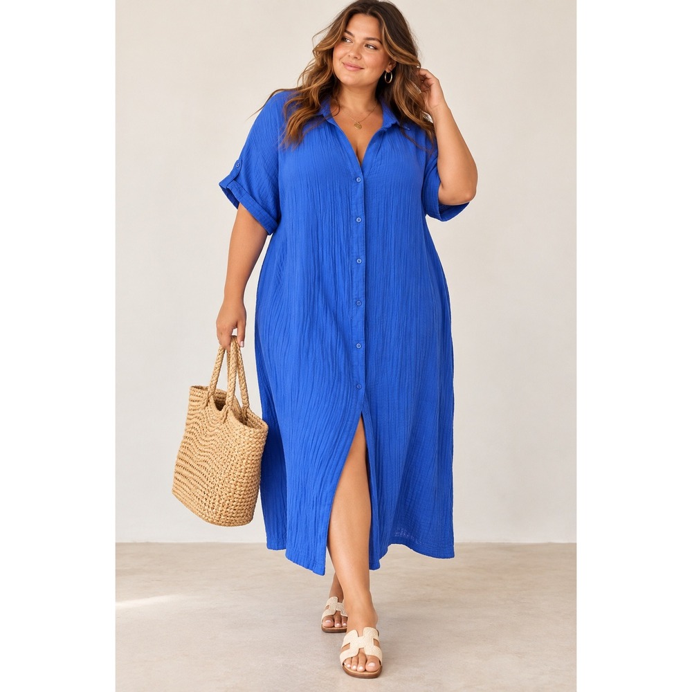 LL Bean Royal Blue Double Gauze Cotton Maxi Shirt Dress 2X Coastal Mediterranean